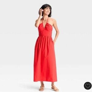 Red‎ Halter Smocked Waist V Neck Maxi Dress Pockets Size Medium